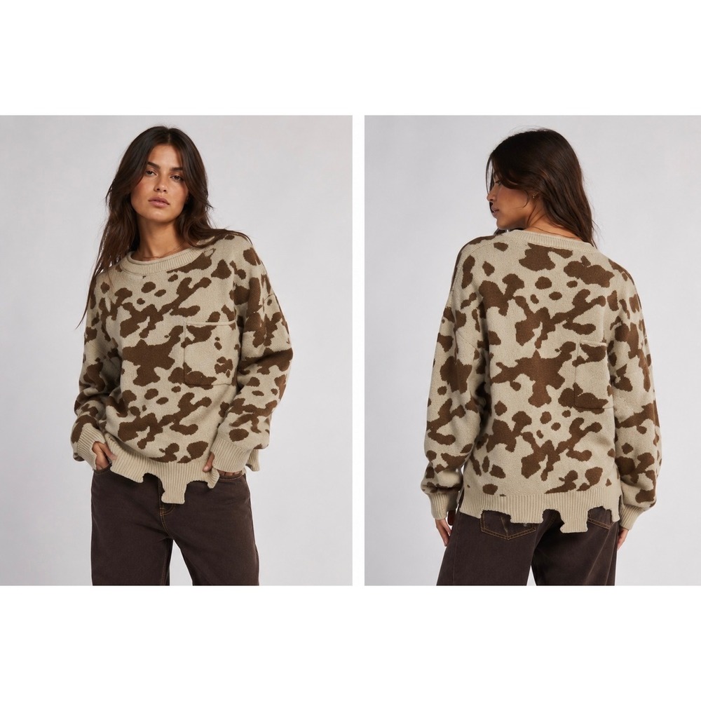 Y2K baggy grunge cow print sweater distress hem style jacket willow root medium
